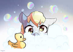 Size: 3500x2500 | Tagged: safe, artist:nookprint, derpy hooves, pony, bath, bubble, cute, derpabetes, female, rubber duck, soap bubble, solo, wet, wet mane