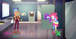 Size: 2837x1479 | Tagged: safe, screencap, pinkie pie, rarity, sunset shimmer, equestria girls, equestria girls series, sunset's backstage pass!, spoiler:eqg series (season 2), bathroom, facial hair, laughing, music festival outfit, shoes, sneakers