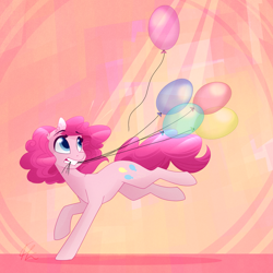 Size: 1024x1024 | Tagged: safe, artist:lolepopenon, pinkie pie, earth pony, pony, balloon, cute, gritted teeth, looking back, mouth hold, running, solo, whoops