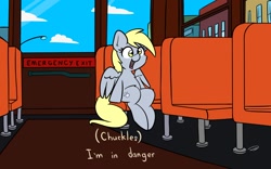 Size: 1734x1079 | Tagged: safe, artist:taurson, derpy hooves, pegasus, pony, atg 2020, bus, caption, city, i'm in danger, meme, newbie artist training grounds, parody, ponified meme, ralph wiggum, sitting, smiling, solo, the simpsons