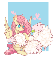 Size: 1280x1391 | Tagged: safe, artist:catzino, fluttershy, pegasus, pony, sheep, blue background, blush lines, blushing, female, heart, heart eyes, looking at something, mare, passepartout, simple background, smiling, solo, wingding eyes