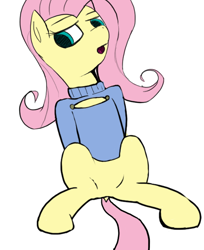 Size: 562x689 | Tagged: safe, artist:flutteriot, fluttershy, pegasus, pony, bottomless, clothes, dock, featureless crotch, keyhole turtleneck, open-chest sweater, partial nudity, solo, sweater, sweatershy, turtleneck