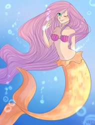 Size: 778x1024 | Tagged: safe, artist:yanshiki, fluttershy, human, mermaid, belly button, blushing, humanized, mermaidized, midriff, seashell, solo, underwater, watershy