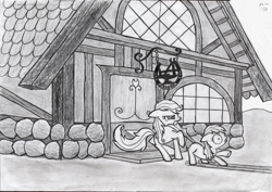 Size: 2000x1419 | Tagged: safe, artist:ecmonkey, apple bloom, applejack, earth pony, pony, blank flank, dragging, farrier, monochrome, sketch, tail, tail pull