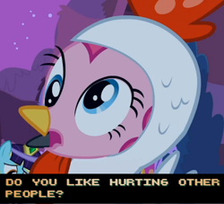 Size: 1102x1000 | Tagged: safe, edit, edited screencap, screencap, pinkie pie, earth pony, pony, luna eclipsed, animal costume, chicken pie, chicken suit, clothes, costume, cropped, derp, hotline miami, image macro, meme, nightmare night costume