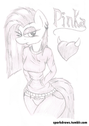 Size: 700x992 | Tagged: safe, artist:sparkdraws, pinkie pie, anthro, breasts, clothes, earring, eyeshadow, female, hoodie, piercing, pinkamena diane pie, pinkie pies, sketch, solo, traditional art, unamused