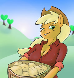 Size: 994x1050 | Tagged: safe, artist:robothehoobo, applejack, anthro, applerack, breasts, female, melon, solo