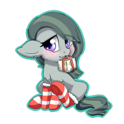 Size: 688x688 | Tagged: safe, artist:tokokami, marble pie, earth pony, pony, blushing, christmas, christmas gift, clothes, cute, eye clipping through hair, female, floppy ears, holiday, marblebetes, mare, mouth hold, present, simple background, socks, solo, stockings, striped socks, thigh highs, transparent background