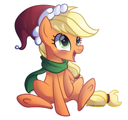 Size: 1687x1581 | Tagged: safe, artist:drawntildawn, applejack, earth pony, pony, clothes, cute, female, hat, jackabetes, mare, santa hat, scarf, solo, underhoof