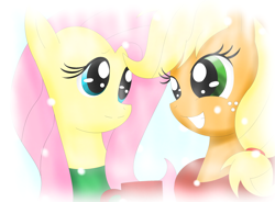 Size: 2624x1928 | Tagged: safe, artist:rachelsrandomart, applejack, fluttershy, earth pony, pegasus, pony, blonde mane, duo, female, mare, orange coat, pink mane, wings, yellow coat