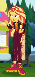 Size: 265x582 | Tagged: safe, screencap, sunset shimmer, equestria girls, equestria girls series, sunset's backstage pass!, spoiler:eqg series (season 2), boots, clothes, cropped, female, geode of empathy, hand on hip, jacket, magical geodes, music festival outfit, pants, shoes, solo