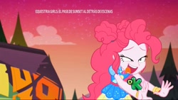 Size: 1920x1080 | Tagged: safe, edit, edited screencap, screencap, pinkie pie, sunset shimmer, better together, equestria girls, sunset's backstage pass!, clothes, discovery kids, faic, spanish