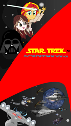 Size: 670x1192 | Tagged: safe, artist:amante56, artist:jrshinkansenhorse, sunset shimmer, oc, oc:captain becky ray shoichet, equestria girls, akira class, bajoran wormhole, crossover, darth vader, deep space nine, defiant, double crossover, equestria girls-ified, exeter class, faustian class, galaxy class, lightsaber, nebula class, sovereign class, space, spaceship, star destroyer, star trek, star trek: deep space nine, star trek: may the friendship be with you, star wars, starship, this will not end well, uss enterprise, uss enterprise d, uss sunset shimmer, video included