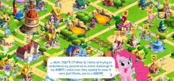 Size: 2312x1080 | Tagged: safe, screencap, pinkie pie, rarity, sapphire shores, starlight glimmer, earth pony, pony, unicorn, breaking the fourth wall, fourth wall, gameloft, gameloft shenanigans, pinkie being pinkie, ponyville