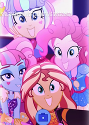 Size: 767x1078 | Tagged: safe, screencap, kiwi lollipop, pinkie pie, sunset shimmer, supernova zap, better together, equestria girls, sunset's backstage pass!, cropped, discovery kids, guitar, k-lo, peace sign, postcrush, selfie, smiling, spanish, su-z