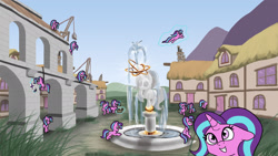 Size: 1920x1080 | Tagged: safe, artist:slamjam, starlight glimmer, pony, unicorn, aqueduct, fountain, house, levitation, magic, multeity, self ponidox, self-levitation, spray paint, starlight cluster, telekinesis