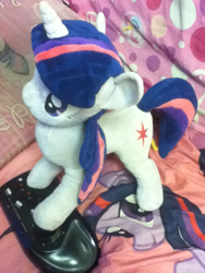 Size: 720x960 | Tagged: artist needed, safe, derpibooru import, twilight sparkle, arcade stick, bed, irl, jin, photo, plushie, sega, sega genesis, video game, waifu