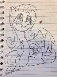 Size: 2324x3117 | Tagged: safe, artist:redapropos, fluttershy, pegasus, pony, cute, daaaaaaaaaaaw, heart, lined paper, shyabetes, sitting, sketchbook, smiling, solo, spread wings, traditional art