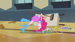 Size: 1920x1080 | Tagged: safe, screencap, pinkie pie, equestria girls, equestria girls (movie), balloon, boots, broom, clothes, high heel boots, skirt, table, time to come together