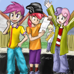 Size: 850x850 | Tagged: safe, artist:johnjoseco, artist:michos, apple bloom, dinky hooves, scootaloo, sweetie belle, human, crossover, cutie eds crusaders, double d, ed, ed edd n eddy, edd, eddy, humanized, parody, plank