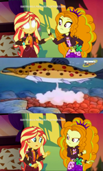 Size: 720x1200 | Tagged: safe, edit, screencap, adagio dazzle, sunset shimmer, fish, better together, equestria girls, sunset's backstage pass!, blank eyes, discovery kids, egg, glowing eyes, magic school bus, meme, music festival outfit, spanish, sunset sees things, white eyes, wide eyes