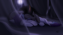 Size: 3839x2159 | Tagged: safe, artist:draftthefilmmaker-kl, derpibooru import, king sombra, oc, oc:crystal dawn, pony, unicorn, canon x oc, cuddling, dawnbra, female, high res, male, mare, night, straight