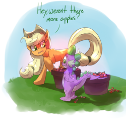 Size: 1280x1280 | Tagged: safe, artist:imsokyo, artist:jorobro, applejack, spike, dragon, earth pony, pony, apple, daily life of spike, dialogue, female, mare