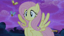 Size: 500x281 | Tagged: safe, screencap, crescent pony, fluttershy, mane moon, pegasus, pony, do princesses dream of magic sheep, animated, biting, discovery family, discovery family logo, female, flutterbat, house, male, mare, monster, monster house, muffin, night, species swap, stallion, transformation, winged muffin
