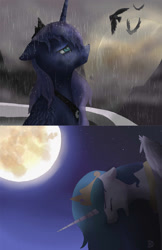 Size: 792x1224 | Tagged: safe, artist:theoddlydifferentone, princess celestia, princess luna, alicorn, bird, pony, crying, despair, eyes closed, floppy ears, mare in the moon, moon, rain, sad, screaming, stars