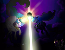 Size: 3300x2550 | Tagged: safe, artist:theoddlydifferentone, princess celestia, princess luna, alicorn, pony, the crystal empire, crepuscular rays, eclipse, eyes closed, flying, horns are touching, magic, magic blast, royal sisters, scene interpretation, solar eclipse