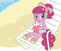 Size: 906x763 | Tagged: dead source, safe, artist:momo, pinkie pie, earth pony, pony, unguligrade anthro, alternate hairstyle, ambiguous facial structure, beach, bow, clothes, cute, diapinkes, dress, drink, drinking, flower, hair bow, lawn chair, sitting, solo