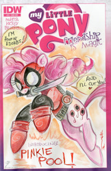 Size: 653x1007 | Tagged: safe, artist:sararichard, idw, pinkie pie, earth pony, pony, comic, cover, crossover, deadpool, female, mare, mouth hold, pinkiepool, solo, speech bubble, sword, traditional art, watercolor painting