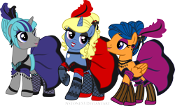 Size: 3682x2232 | Tagged: safe, artist:nstone53, oc, oc only, oc:azure/sapphire, oc:cold front, oc:disty, pegasus, pony, unicorn, can-can dress, clothes, crossdressing, femboy, gay, makeover, makeup, male, petticoats, ponysona, saloon dress, stockings, thigh highs, wig