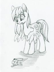 Size: 636x841 | Tagged: safe, artist:maytee, derpy hooves, pegasus, pony, food, grayscale, ice cream, monochrome, pencil drawing, sad, solo, teary eyes, traditional art, underp