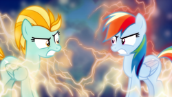 Size: 1600x900 | Tagged: safe, artist:cloudyglow, artist:sailortrekkie92, derpibooru import, edit, lightning dust, rainbow dash, pegasus, pony, angry, electric dash, facing each other, female, lightning, mare, rivalry, wallpaper, wallpaper edit