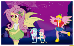 Size: 1473x905 | Tagged: safe, artist:conikiblasu-fan, big macintosh, bon bon, fluttershy, lyra heartstrings, sweetie drops, do princesses dream of magic sheep, equestria girls, belt, clothes, conjoined, dream, equestria girls interpretation, fangs, flutterbat, fusion, lyrabon (fusion), miniskirt, nightmare fuel, peace sign, pleated skirt, ponied up, princess big mac, pushmi-pullyu, sailor moon, sailor scout, scene interpretation, shoes, skirt, sneakers, tanktop, we have become one, wings