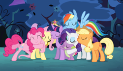 Size: 1213x705 | Tagged: safe, derpibooru import, screencap, applejack, fluttershy, pinkie pie, rainbow dash, rarity, spike, twilight sparkle, twilight sparkle (alicorn), alicorn, dragon, earth pony, pegasus, pony, unicorn, princess twilight sparkle (episode), big crown thingy, crown, cute, element of kindness, element of magic, elements of harmony, eyes closed, female, group hug, hug, jewelry, male, mane seven, mane six, mare, necklace, regalia, smiling