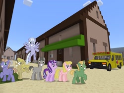 Size: 2048x1536 | Tagged: safe, artist:topsangtheman, artist:vector-brony, starlight glimmer, earth pony, pegasus, pony, unicorn, topsangtheman's minecraft server, the cutie map, minecraft, offbeat, our town, scene interpretation, school bus