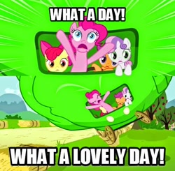 Size: 540x530 | Tagged: safe, edited screencap, screencap, apple bloom, pinkie pie, scootaloo, sweetie belle, earth pony, pony, one bad apple, caption, cutie mark crusaders, image macro, lettuce, mad max, mad max fury road, meme, nux