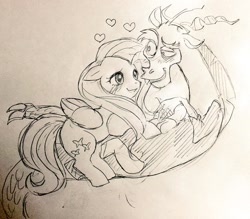 Size: 1024x896 | Tagged: safe, artist:huyun0, discord, fluttershy, pegasus, pony, blushing, discoshy, female, male, monochrome, shipping, sketch, straight, traditional art