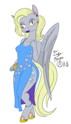 Size: 866x1500 | Tagged: safe, artist:sepiakeys, derpy hooves, anthro, pegasus, unguligrade anthro, anklet, clothes, clutch, cross-eyed, cutout, dress, ear piercing, earring, fancy dress, female, grand galloping gala, horseshoes, jewelry, makeup, piercing, solo, styled hair