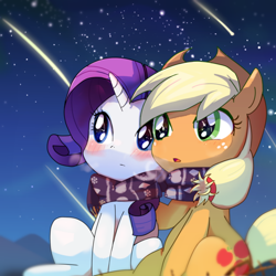 Size: 640x640 | Tagged: safe, artist:youhoujou, applejack, rarity, earth pony, pony, unicorn, clothes, cute, eye reflection, female, jackabetes, lesbian, night, pixiv, rarijack, reflection, scarf, shared clothing, shared scarf, shipping, shooting star, stargazing