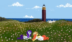 Size: 1162x688 | Tagged: safe, artist:poniebones, fluttershy, rarity, pegasus, pony, unicorn, female, field, flarity, flower, grass field, lesbian, lighthouse, ocean, shipping, summer