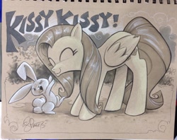 Size: 1024x809 | Tagged: safe, artist:andypriceart, angel bunny, fluttershy, pegasus, pony, angel is a bunny bastard, angelbetes, cute, disgusted, duo, fluttermom, kissy face, monochrome, shyabetes, traditional art