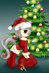 Size: 1200x1768 | Tagged: safe, artist:jerraldina, oc, oc only, oc:osha, earth pony, pony, bipedal, bipedal leaning, christmas, christmas tree, clothes, costume, digital art, ear piercing, female, gradient background, green background, hat, holiday, leaning, looking at you, looking back, mare, piercing, plot, present, sack, santa costume, santa hat, signature, simple background, smiling, socks, solo, thigh highs, tree, ych result