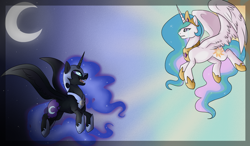 Size: 1300x760 | Tagged: safe, artist:mrxbluexkarlyle, nightmare moon, princess celestia, alicorn, pony, confrontation, crying, duo, moon, sharp teeth, teeth