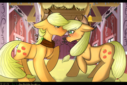 Size: 1024x683 | Tagged: safe, artist:juniormintotter, applejack, applejack (male), earth pony, pony, applejacks (shipping), blushing, female, male, rule 63, self ponidox, straight