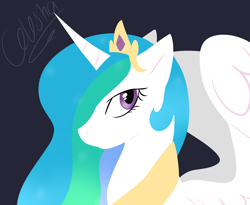 Size: 4290x3510 | Tagged: safe, artist:mrxbluexkarlyle, princess celestia, alicorn, pony, bust, dark background, jewelry, looking at you, portrait, regalia, simple background, solo, spread wings