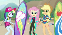 Size: 1280x720 | Tagged: safe, derpibooru import, screencap, applejack, fluttershy, rainbow dash, better together, blue crushed, equestria girls, belly button, clothes, geode of fauna, geode of super speed, geode of super strength, legs, magical geodes, shorts, sleeveless, surfboard, swimsuit, wetsuit