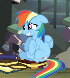 Size: 667x744 | Tagged: safe, derpibooru import, screencap, rainbow dash, pegasus, pony, daring don't, book, cropped, female, floppy ears, mare, nervous grin, sitting, teeth